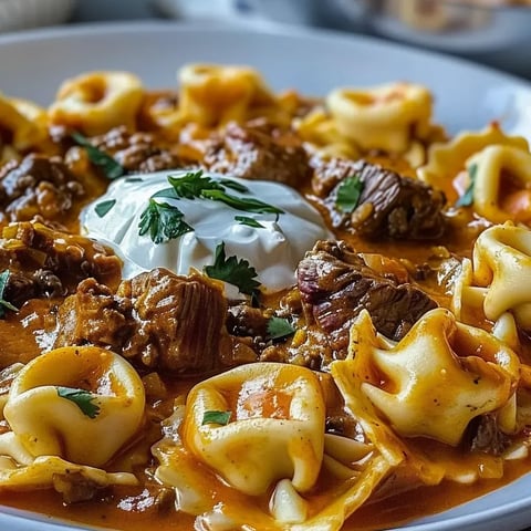 Un plato con tortellini de carne enchilada con queso.