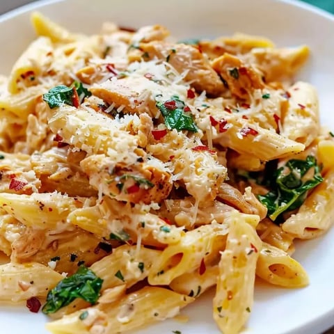 Un plato de pasta con pollo y queso cottage.