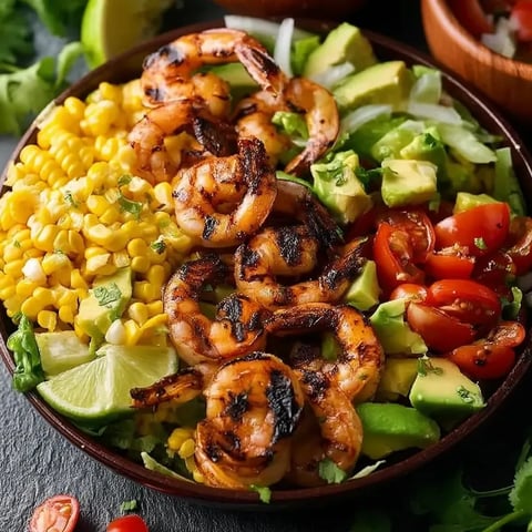 Un tazón de ensalada mexicana con camarones asados, maíz y aguacate.