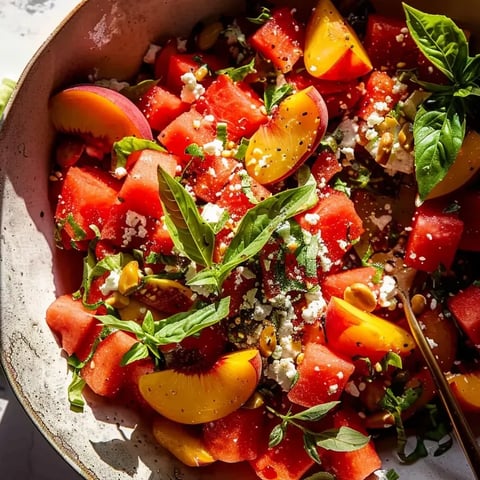 Un bol de ensalada de sandía y melocotón.