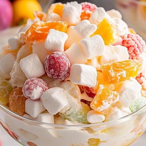 Un tazón de ensalada de frutas con malvaviscos encima.
