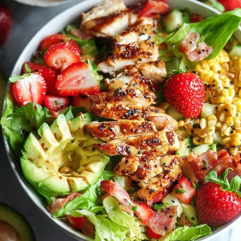 Un bol de ensalada de pollo con fresas, maíz y lechuga.