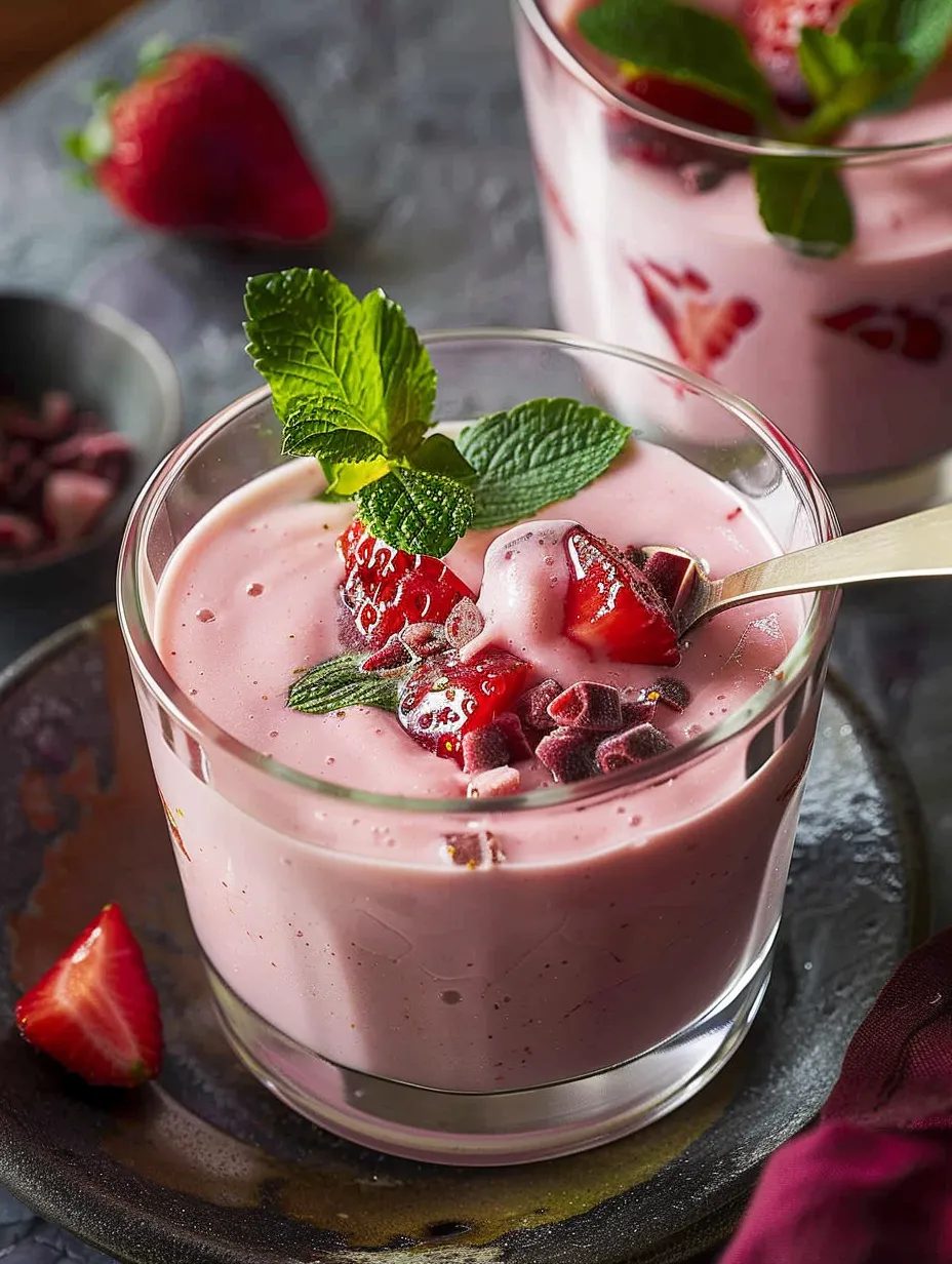 Un vaso de sopa de yogur con fresas.