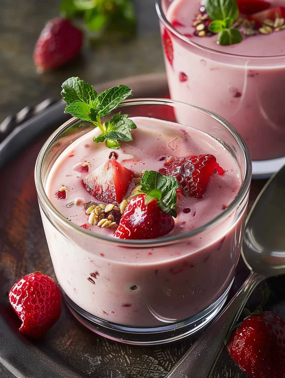 Un vaso de sopa fría de yogur con fresas.