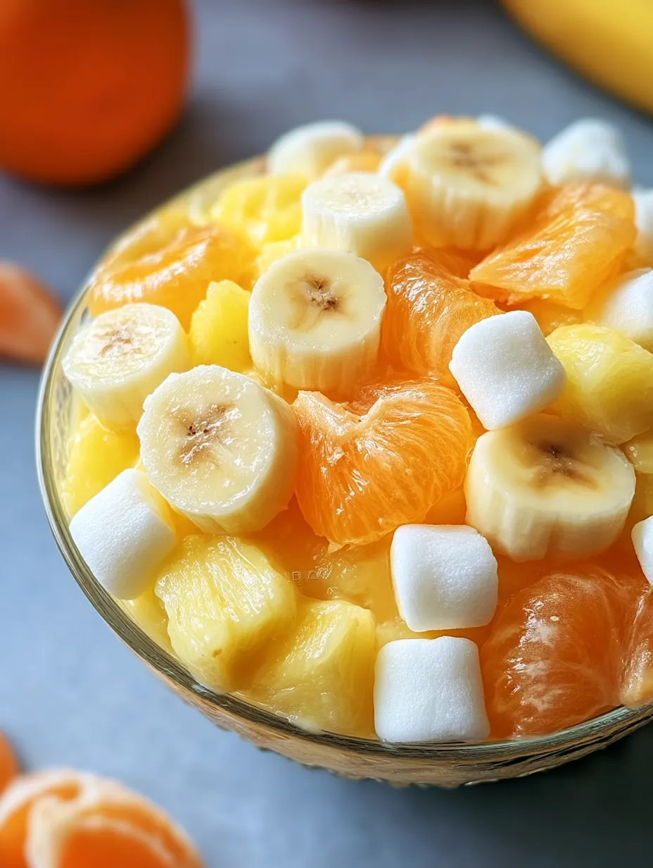 Un recipiente con frutas que incluye plátanos, naranjas y malvaviscos.