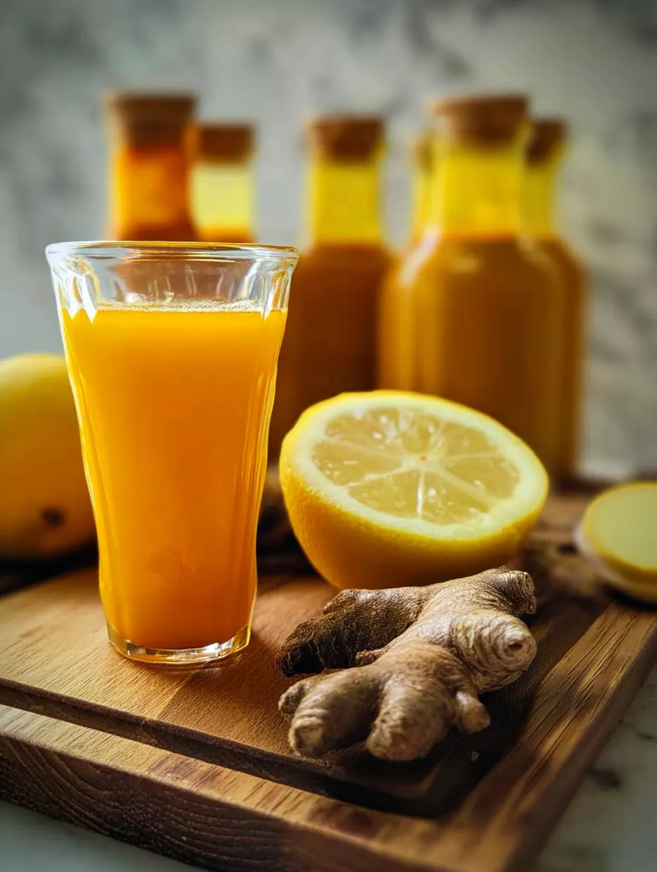 Un vaso de zumo naranja con una rodaja de limón y una botella de shots de jengibre y cúrcuma.