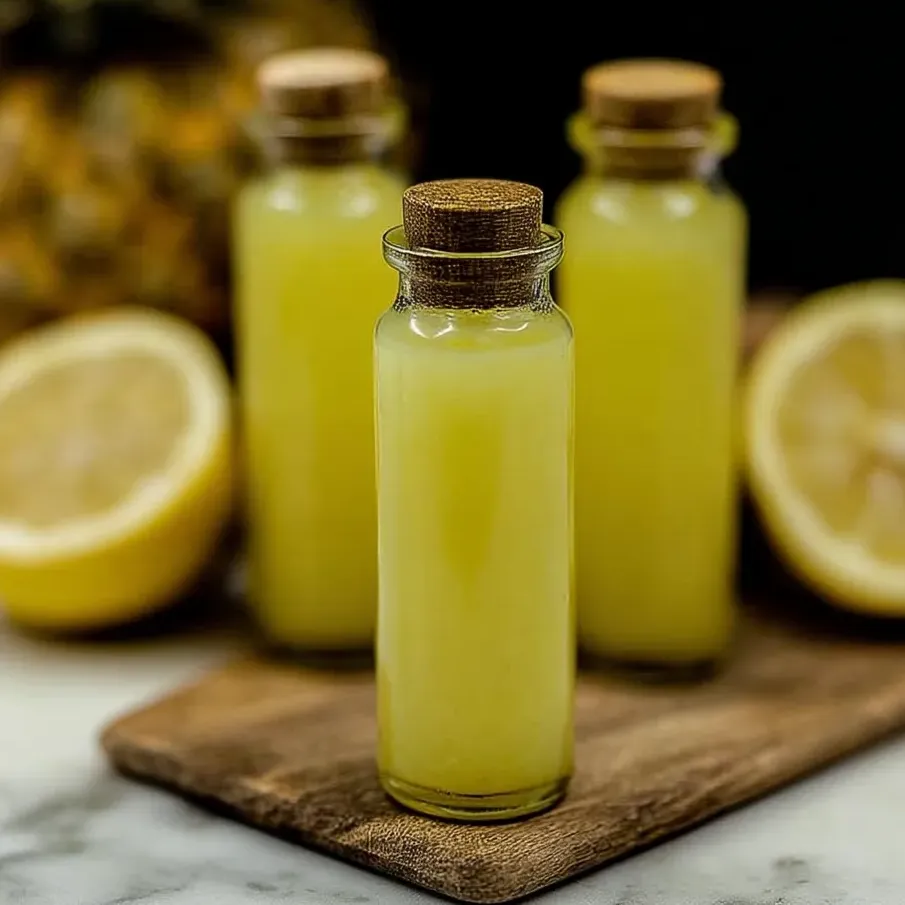 Tres botellas de chupitos saludables de piña, coco, limón y jengibre.