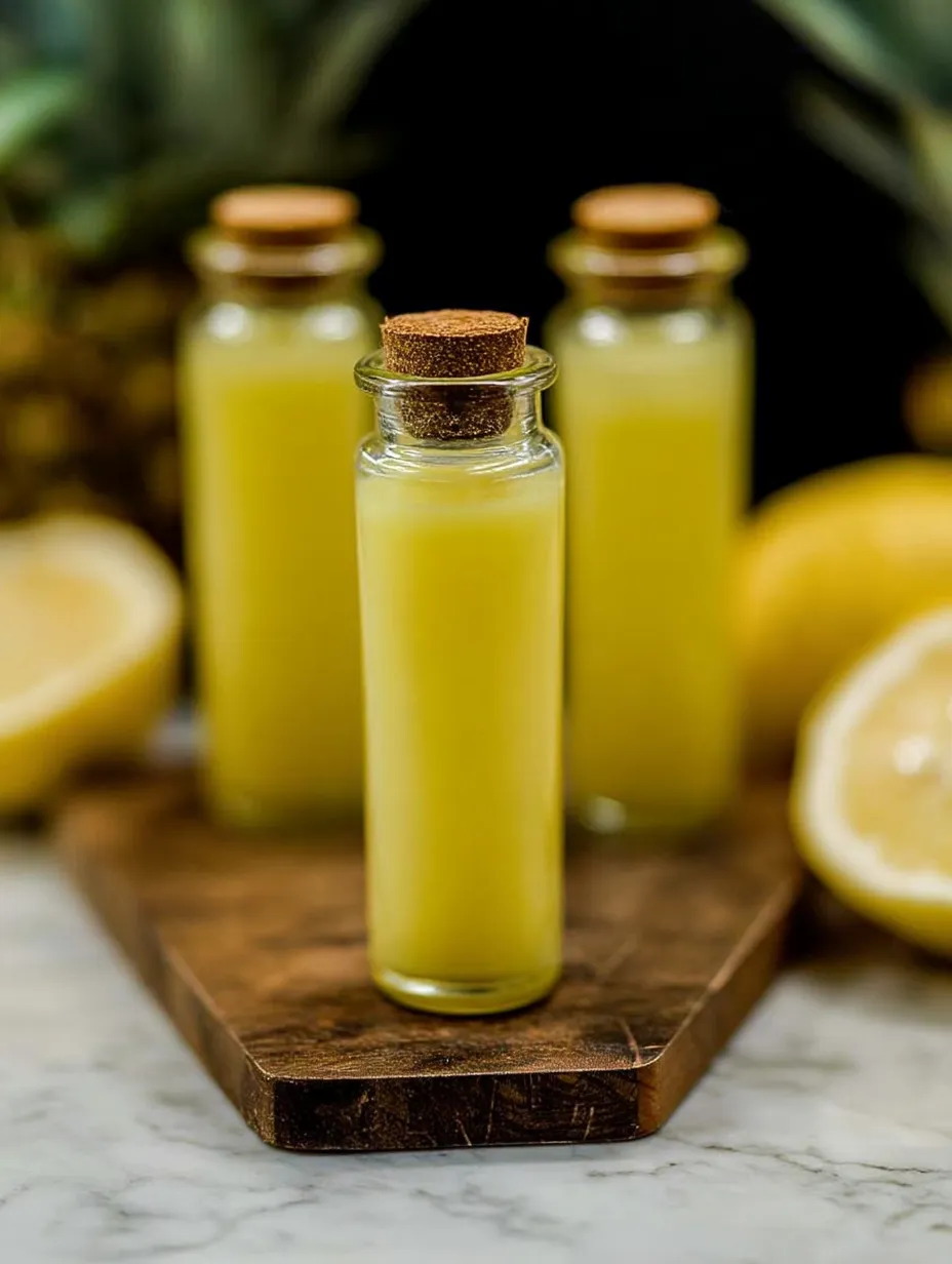 Tres botellas de shots de jugo de piña, coco, limón y jengibre.