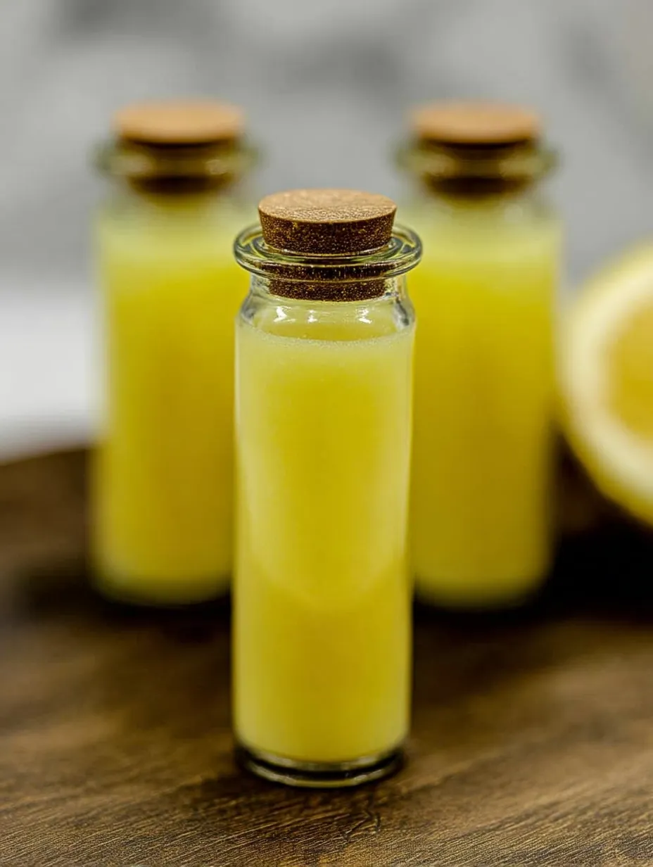 Tres botellas de shots de bienestar de jugo de piña, coco, limón y jengibre.