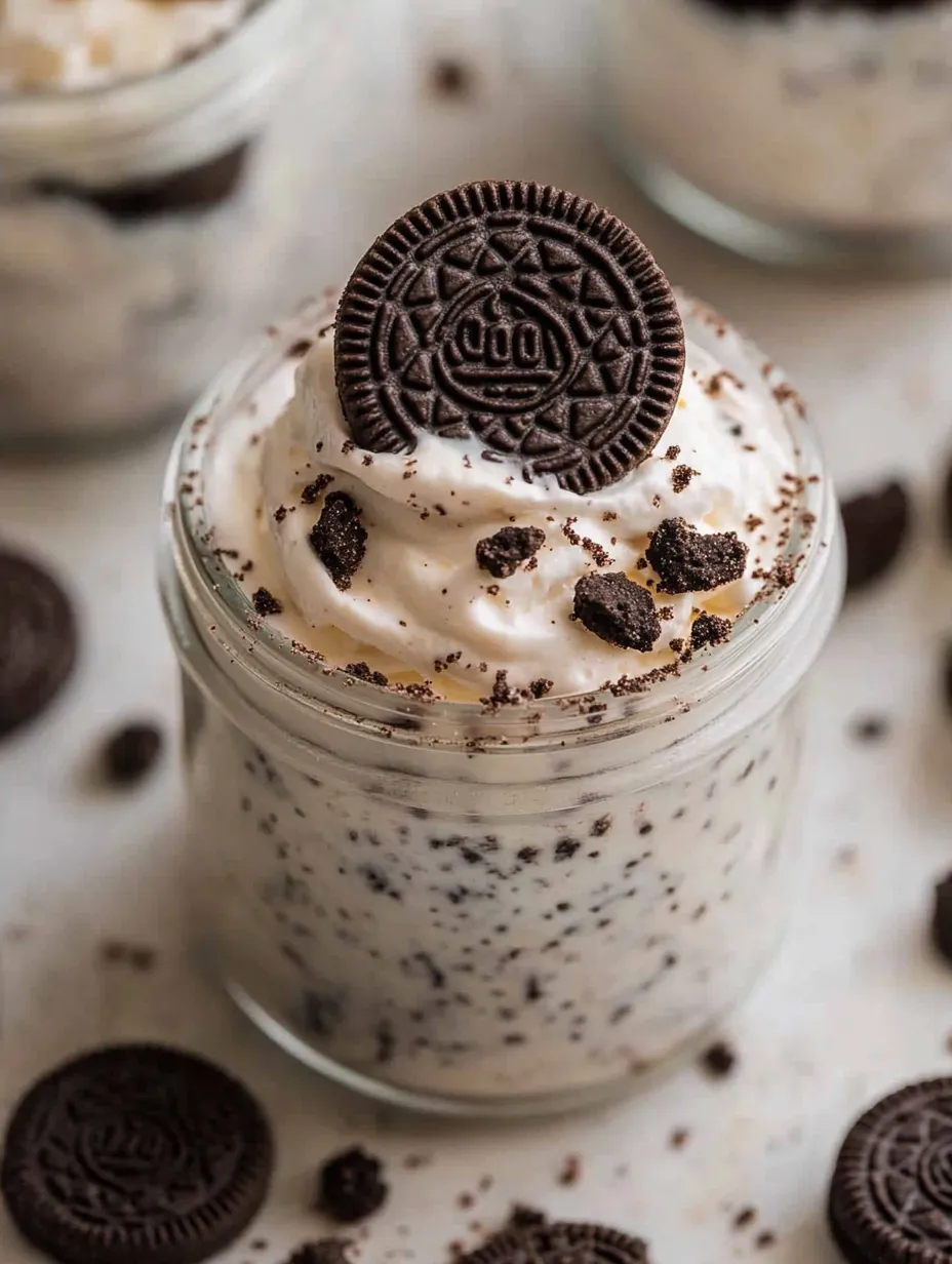 Un vasito de receta de Cheesecake de Oreo sin hornear.