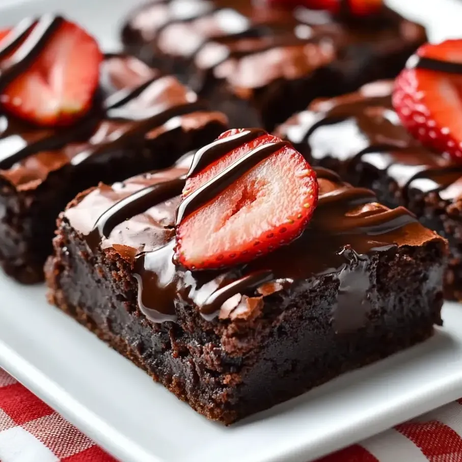 Un plato de brownies de chocolate cubiertos con fresas.