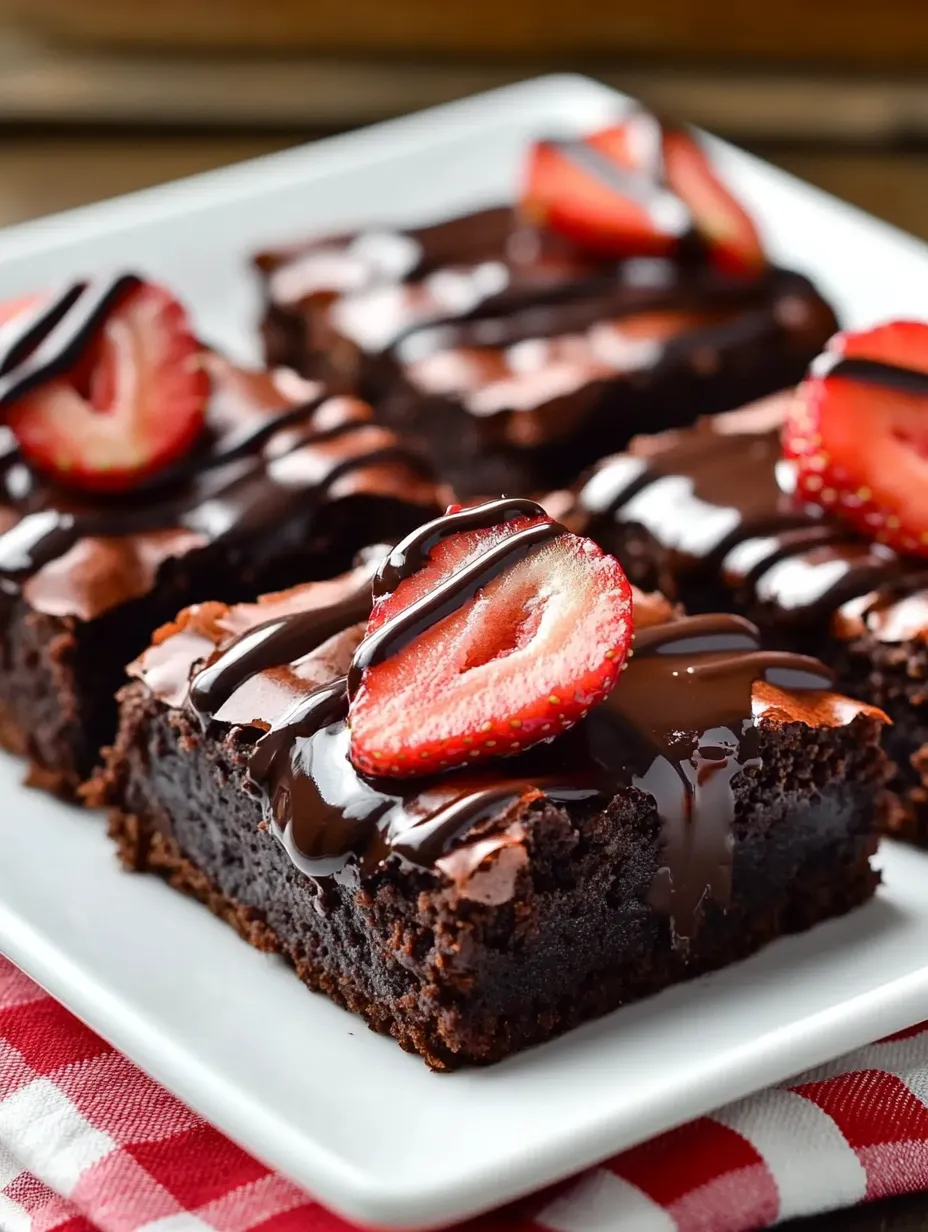 Un plato de brownies con fresas cubiertas de chocolate.