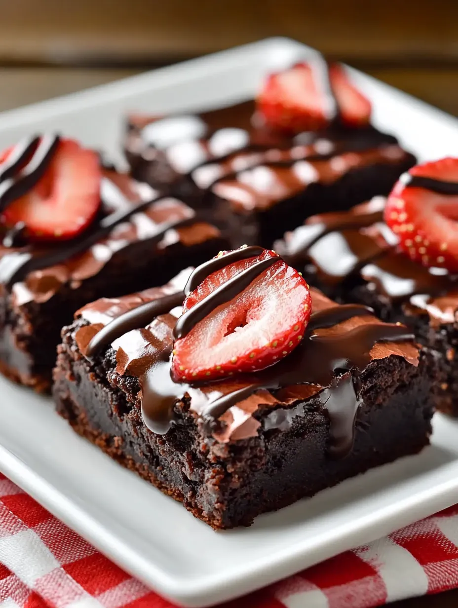 Un plato de brownies con fresas cubiertas de chocolate.