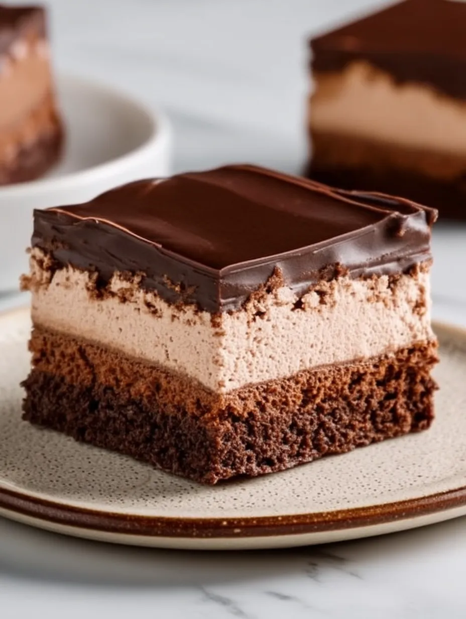 Una porción de brownies con mousse de chocolate.