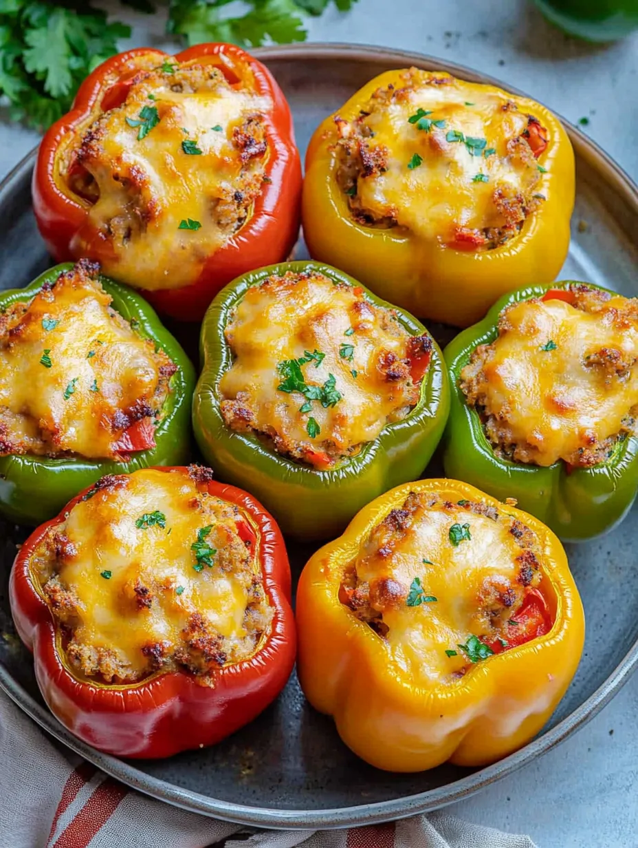 Cuatro pimientos rellenos en un plato.