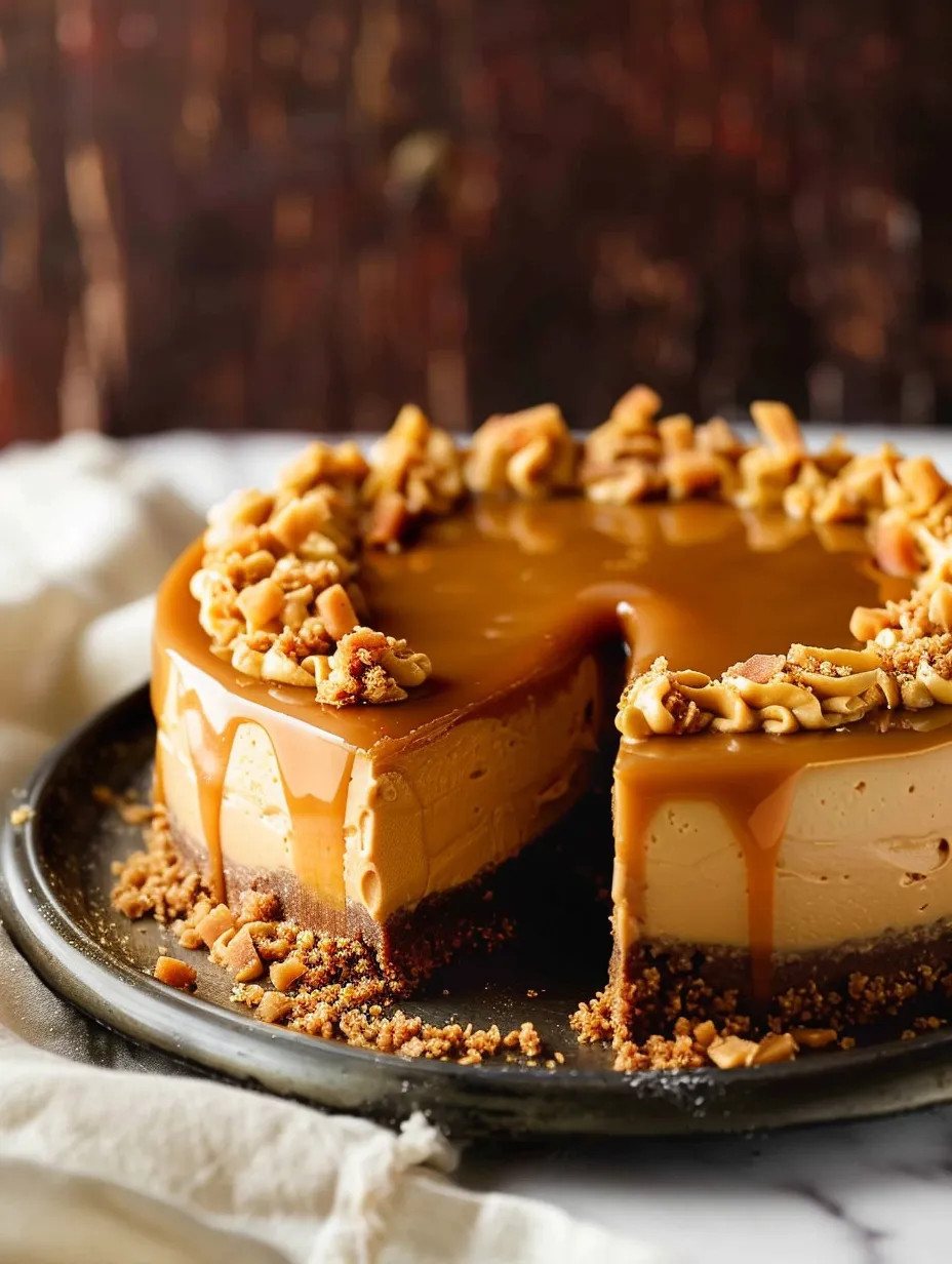 Una rebanada de pastel de queso cargado de caramelo.