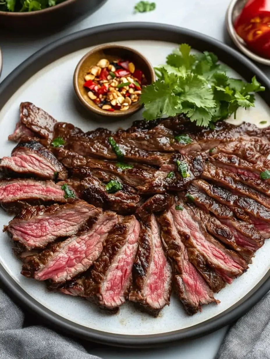 Un plato de carne con un tazón de chiles y cebollas.