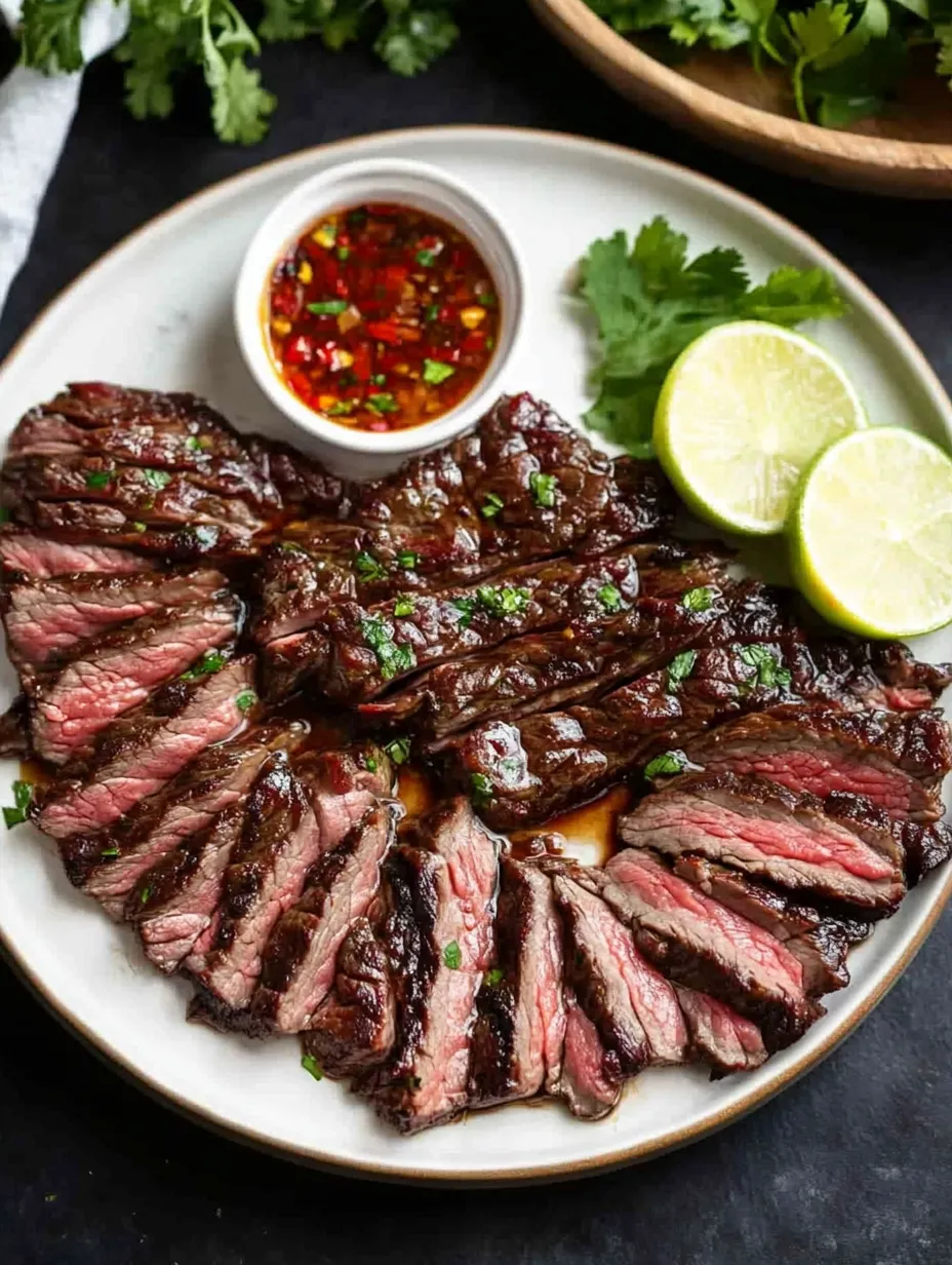 Un plato de carne con un tazón de salsa.
