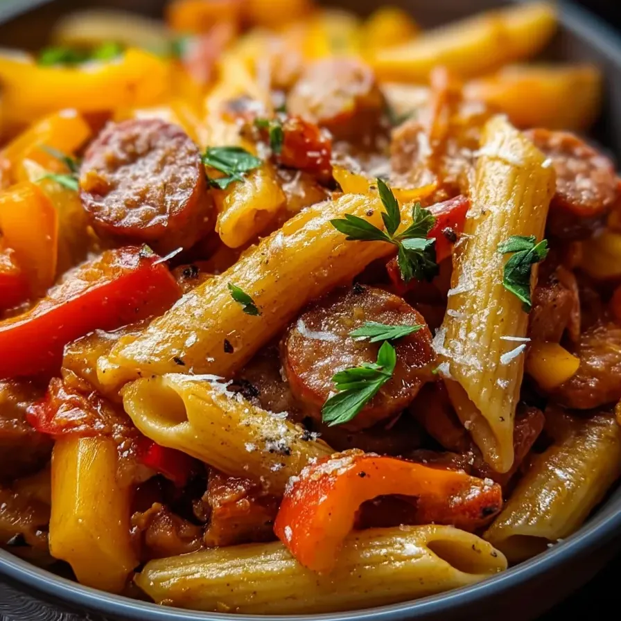 Un plato de pasta con salchicha y pimientos.