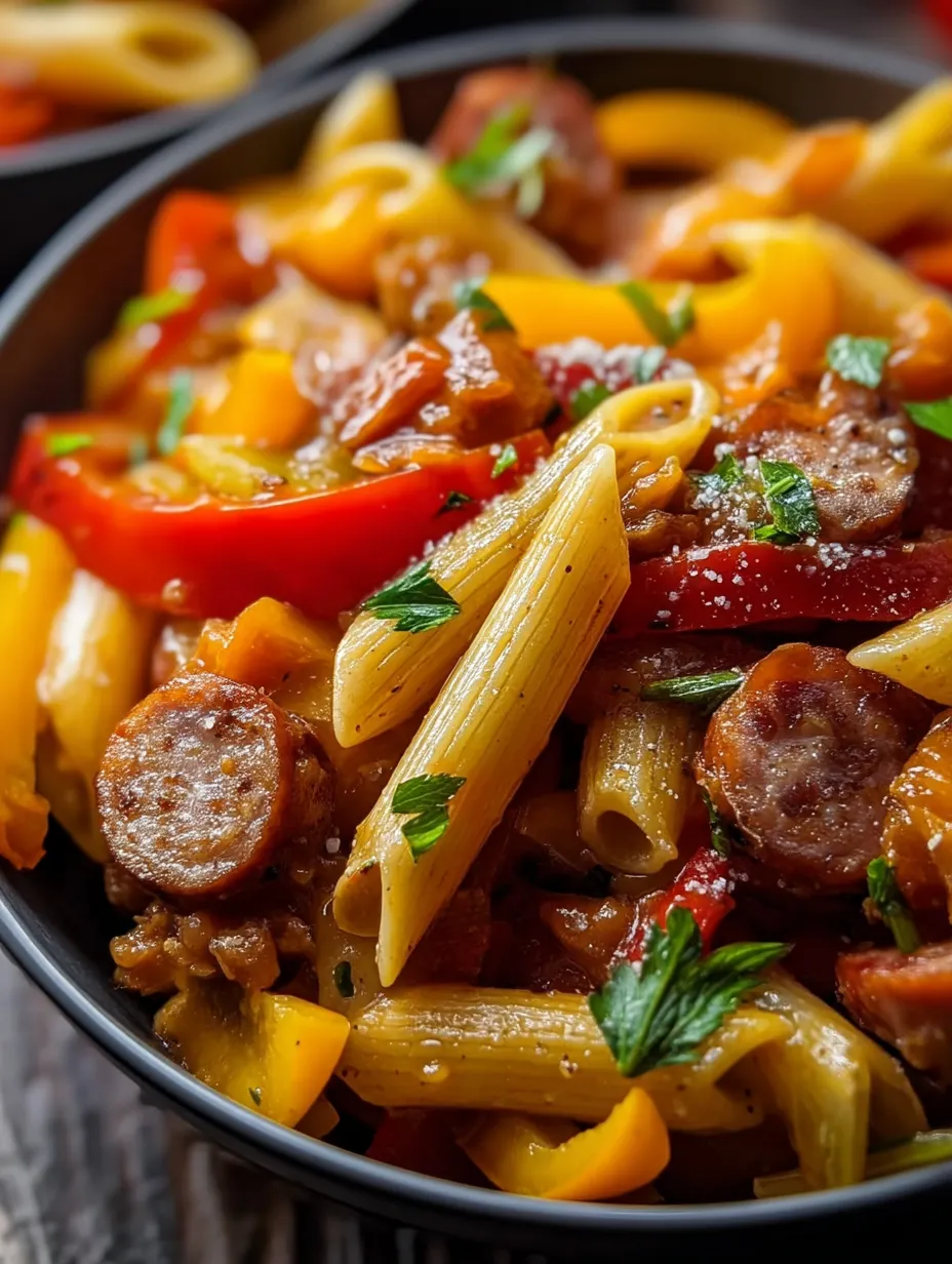 Un plato de Pasta con Pimientos Dulces y Salchichas.