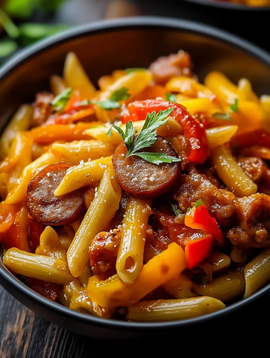 Un plato de pasta con salchicha y pimientos.