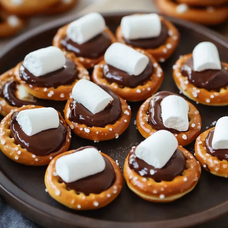 Un plato de bocaditos pretzels s'mores.