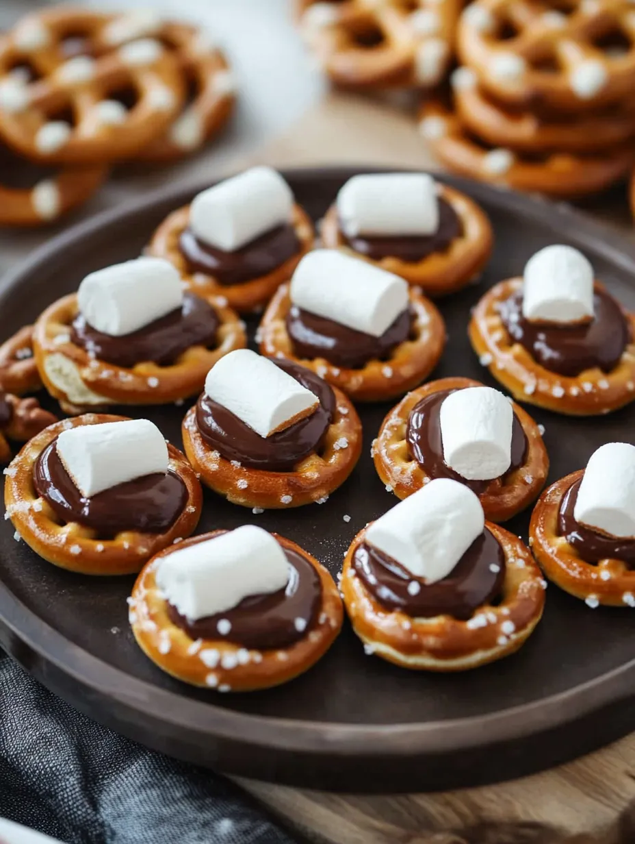 Un plato de bocaditos de s'mores con pretzels.