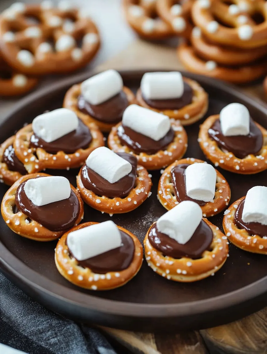Un plato de bocaditos de s'mores con pretzels.