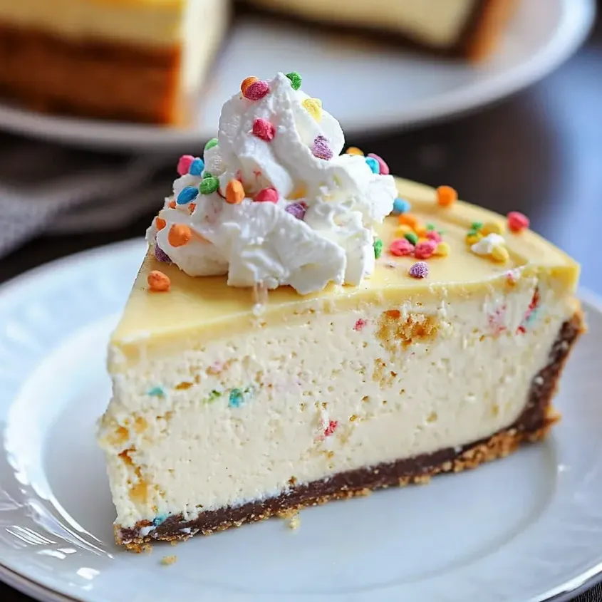 Una porción de tarta de queso con sabor a pastel con nata montada encima.