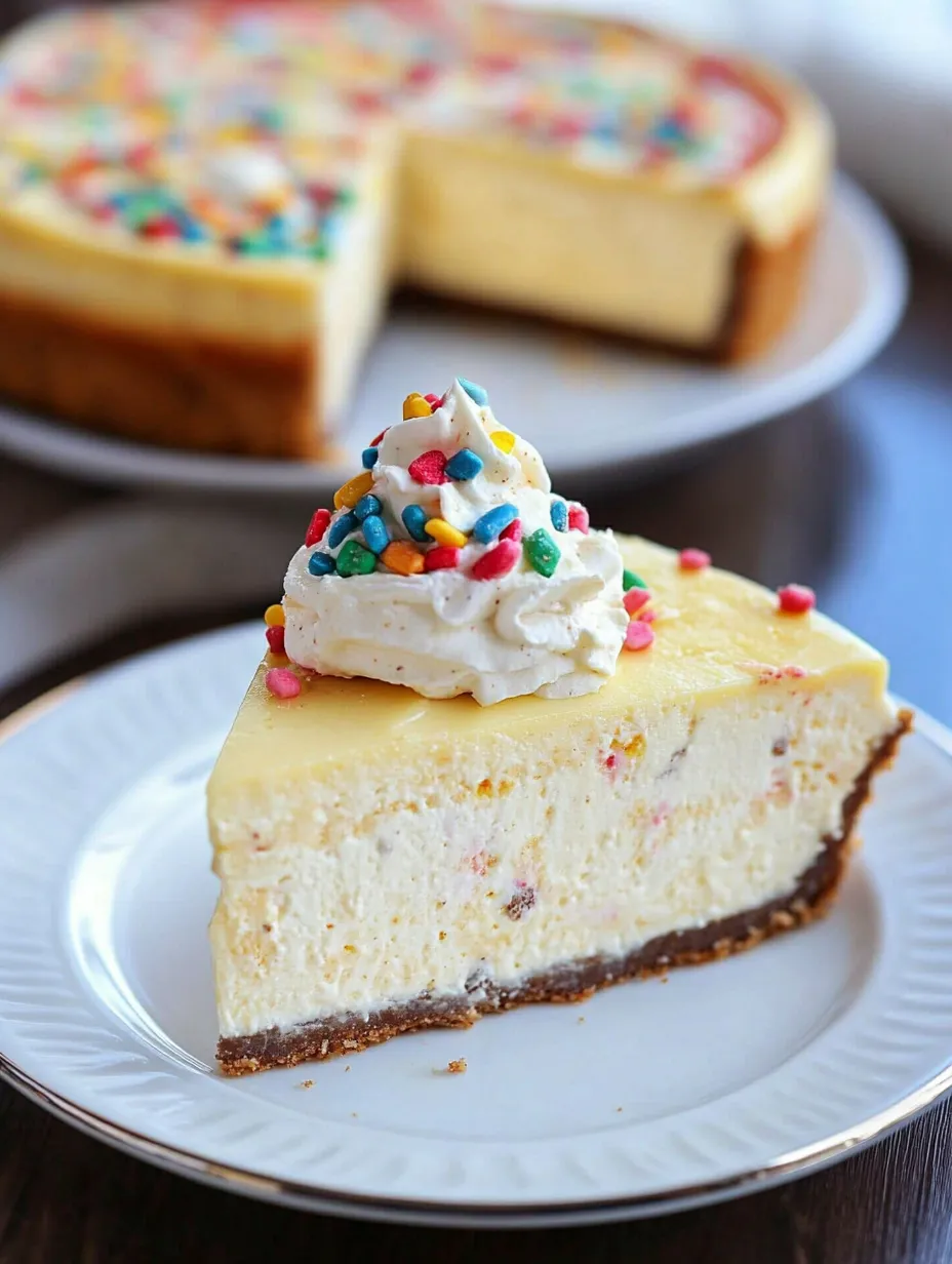 Una rebanada de tarta de queso con sabor a pastel cubierta con una porción de crema batida.