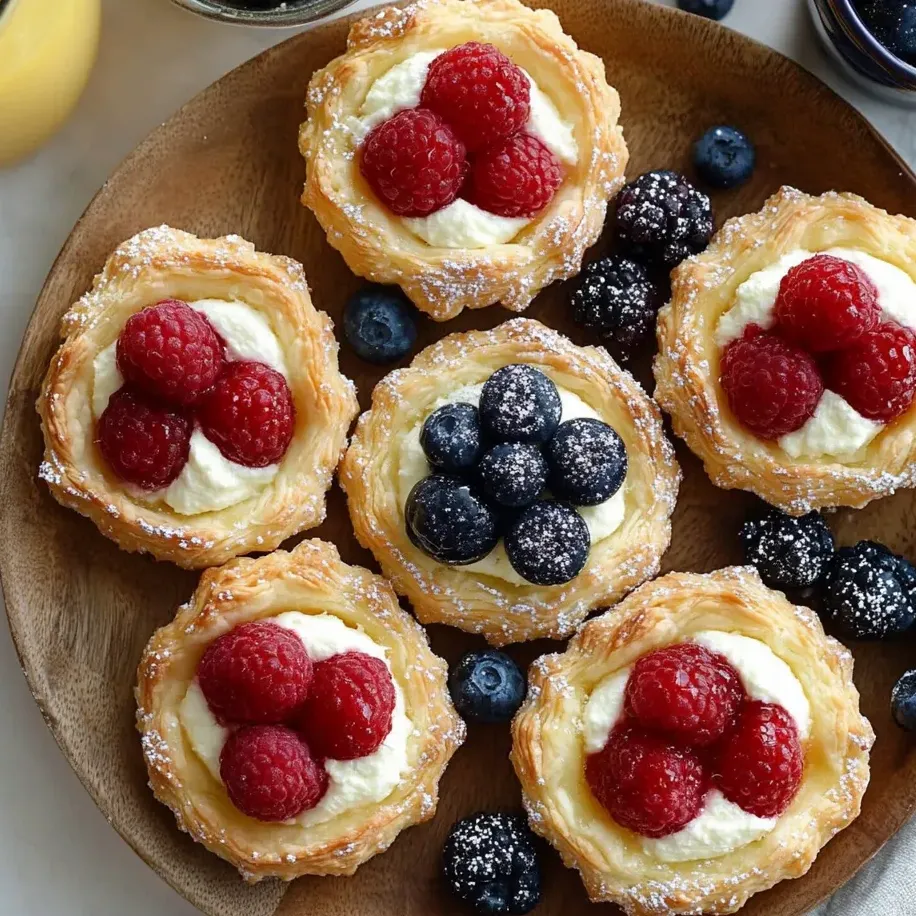 Un plato de pasteles de fruta y queso crema.