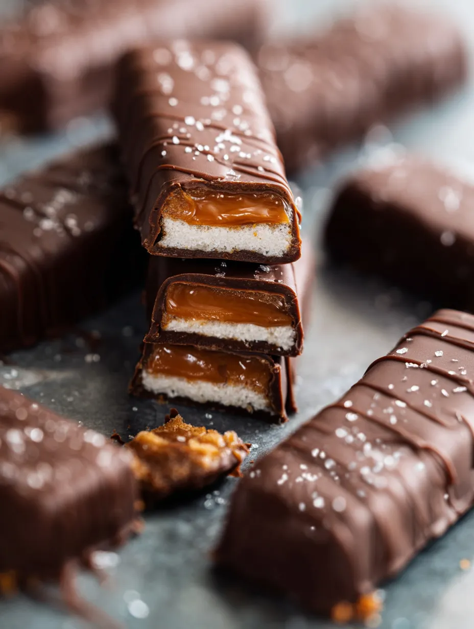 Un primer plano de una barra tipo Twix con relleno de crema blanca.