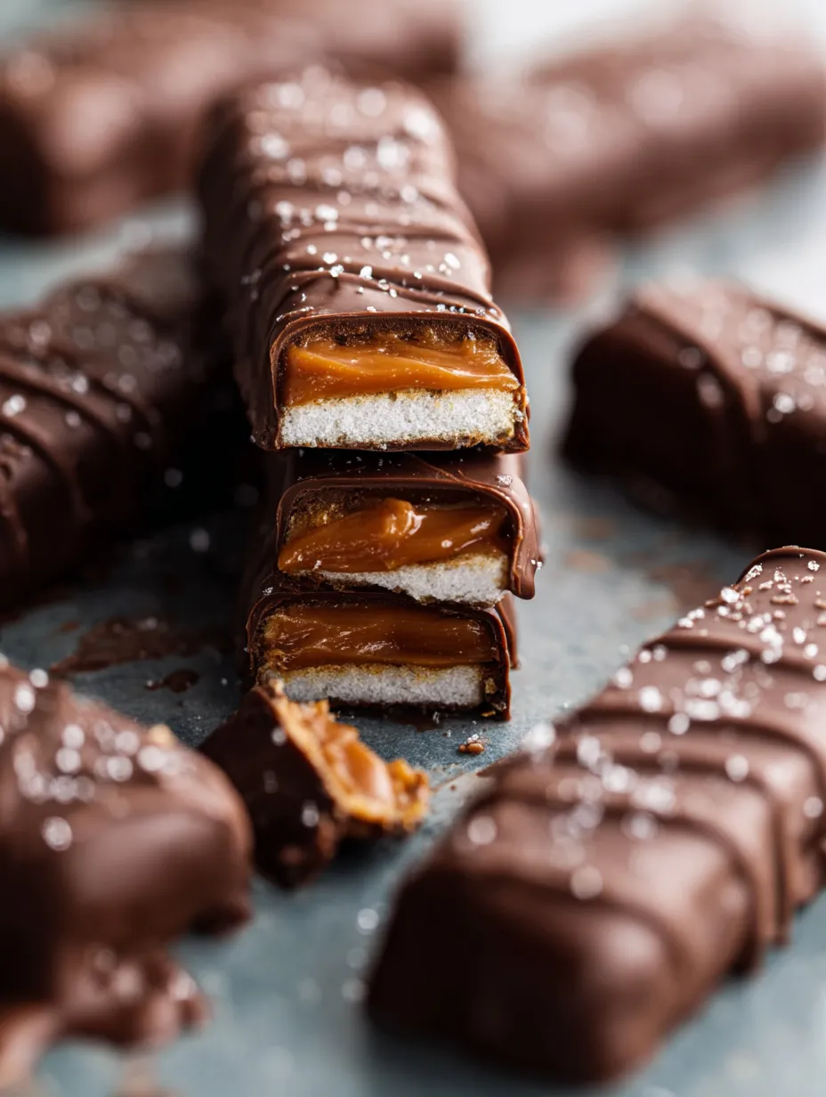 Un primer plano de una barra tipo Twix con crema de cacahuate y caramelo.