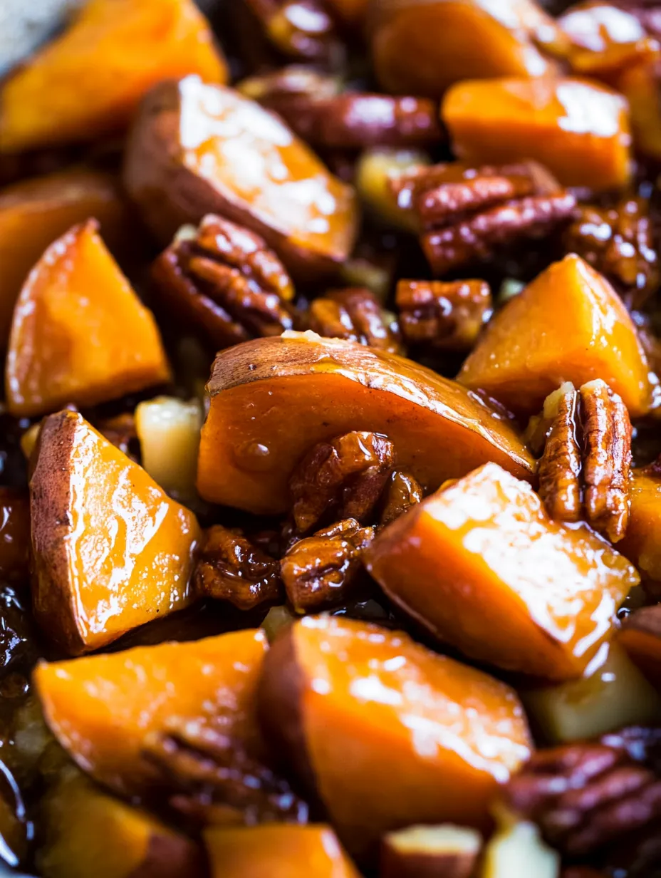 Un primer plano de patatas dulces glaseadas con miel.