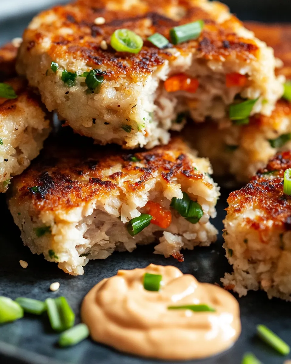 Tortitas de atún con mayo en un plato.