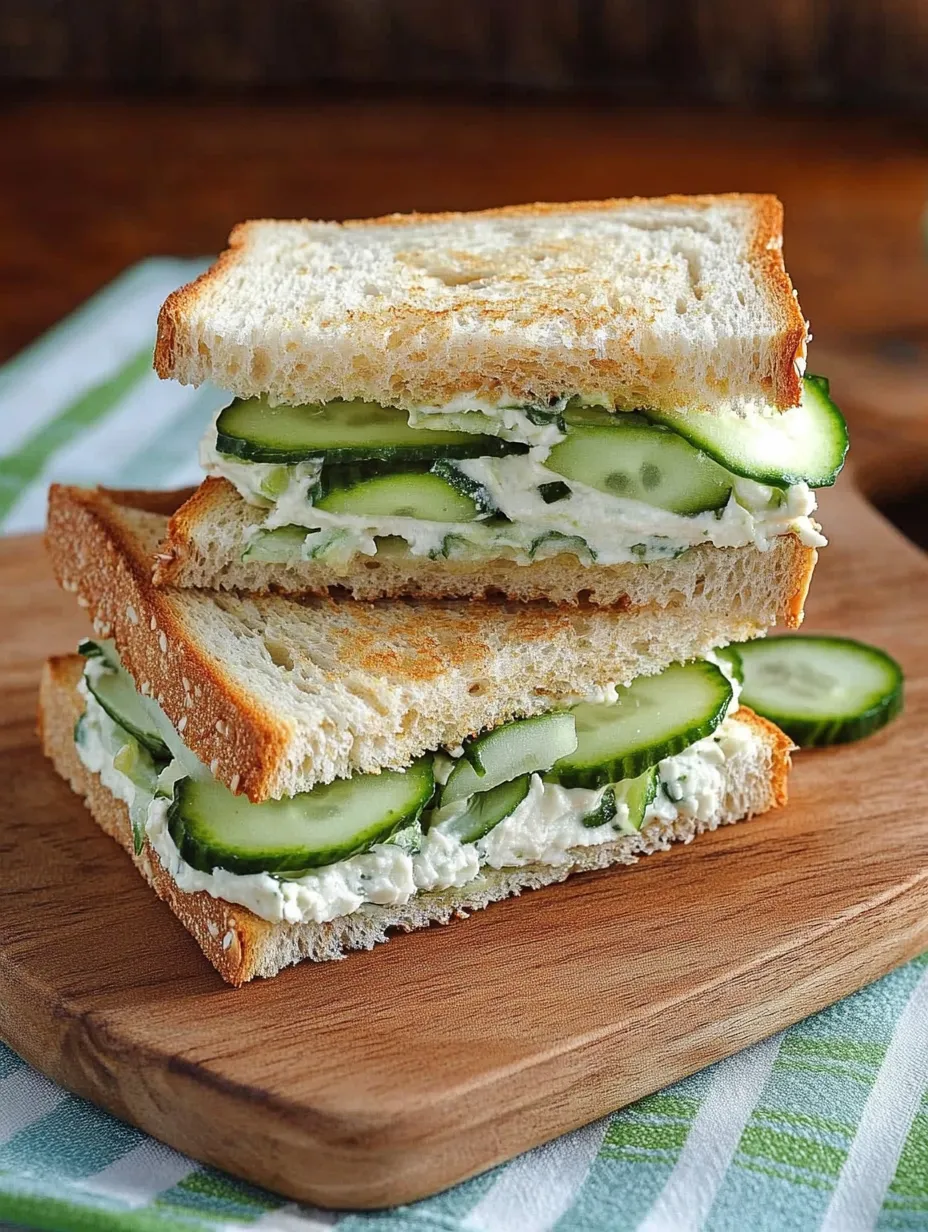 Un sándwich de pepino en una tabla de madera.