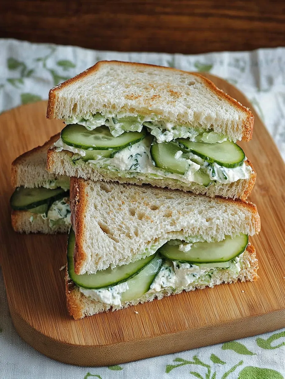 Un sándwich de pepino en una tabla de madera.