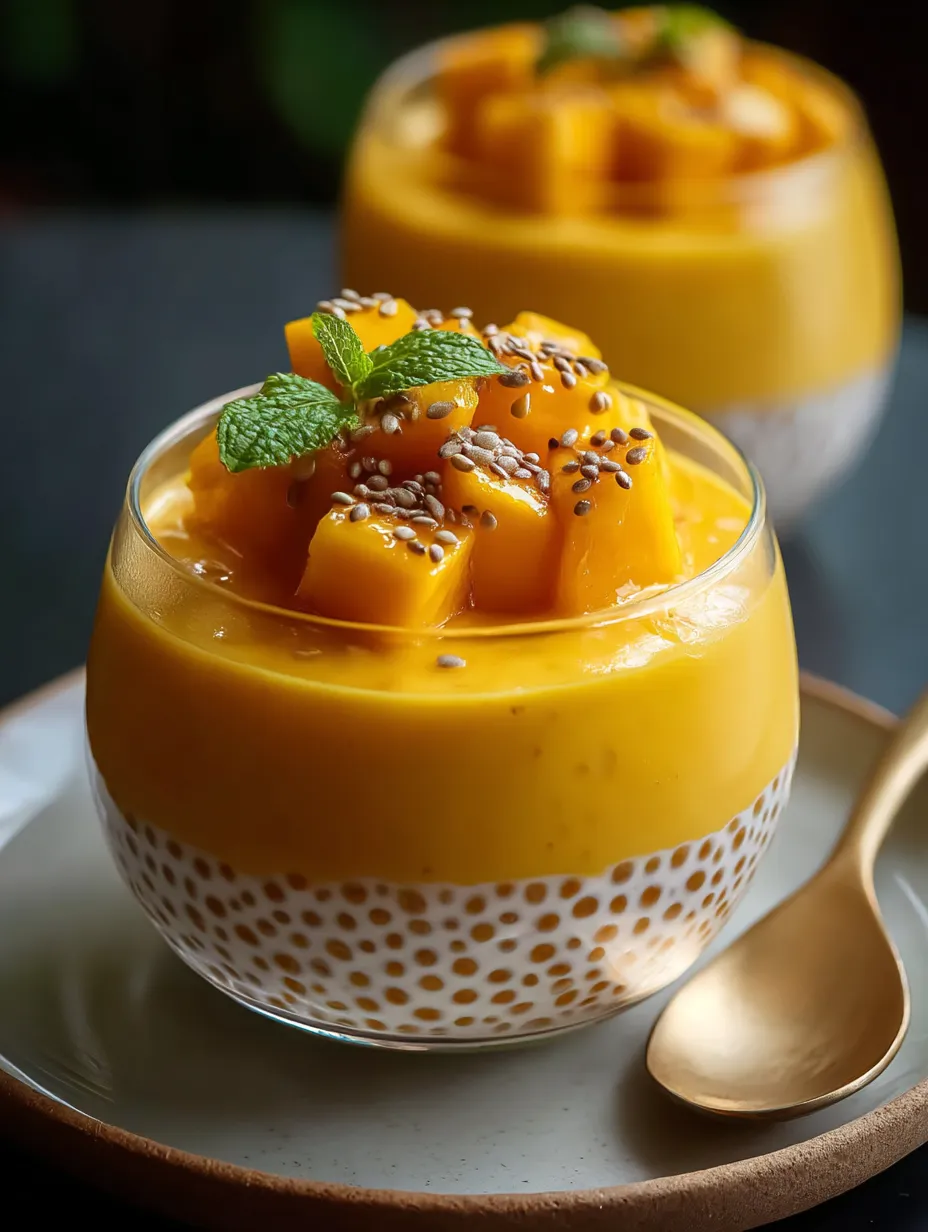 Un tazón de postre de sago con mango y una cuchara.