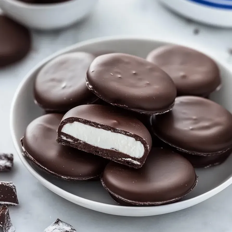 Un plato de chocolates de menta blancos y oscuros.