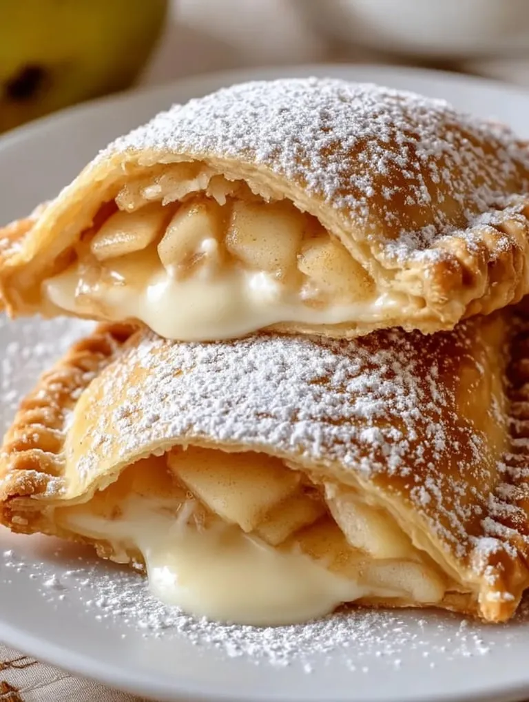 Dos empanadas fritas de manzana rellenas de cheesecake.