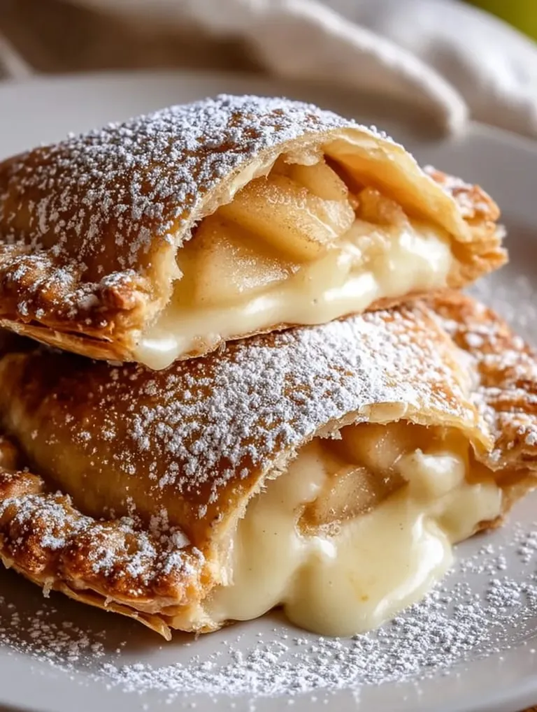 Dos piezas de empanadas fritas de manzana rellenas de cheesecake.