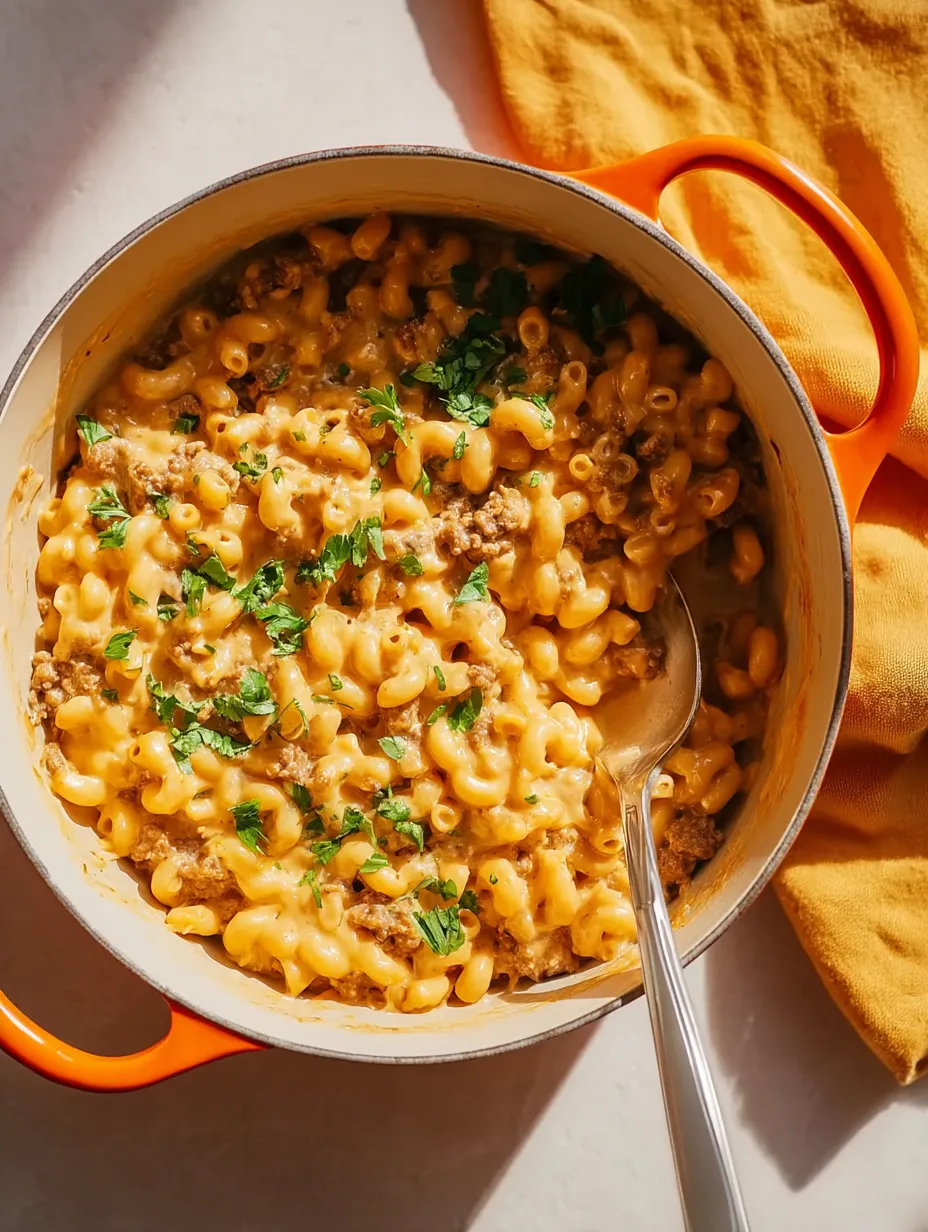 Un plato de macarrones con hamburguesa en una sola olla.
