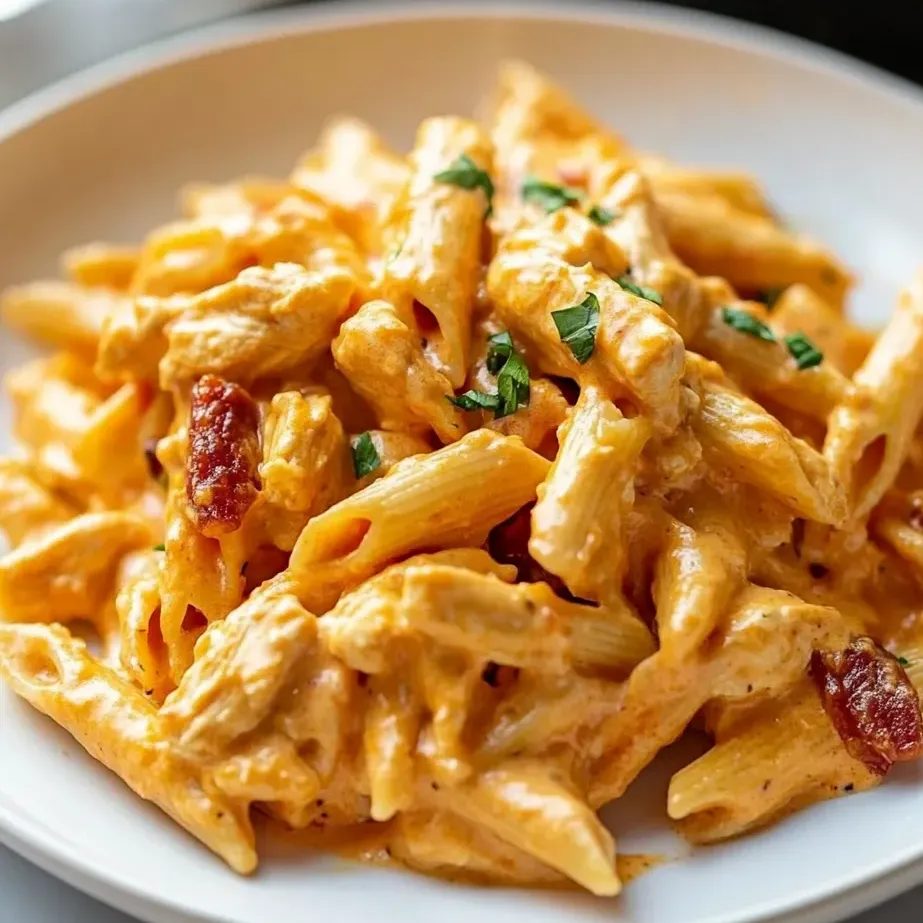Un plato de pasta con pollo y salsa.