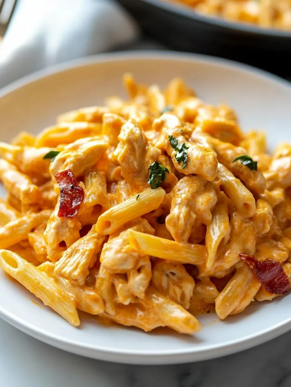 Un plato de pasta con pollo y queso.
