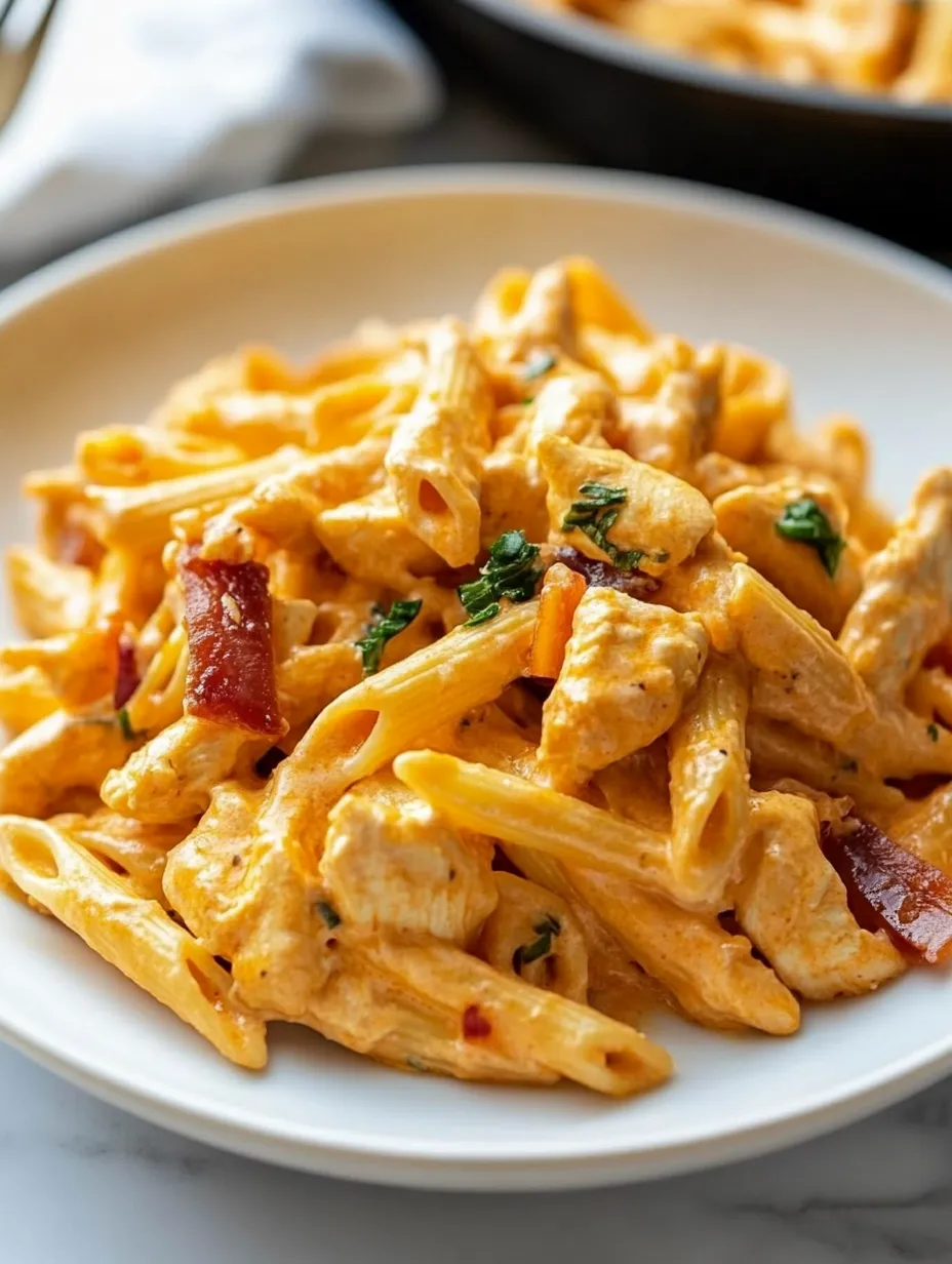 Un plato de pasta con pollo y queso.