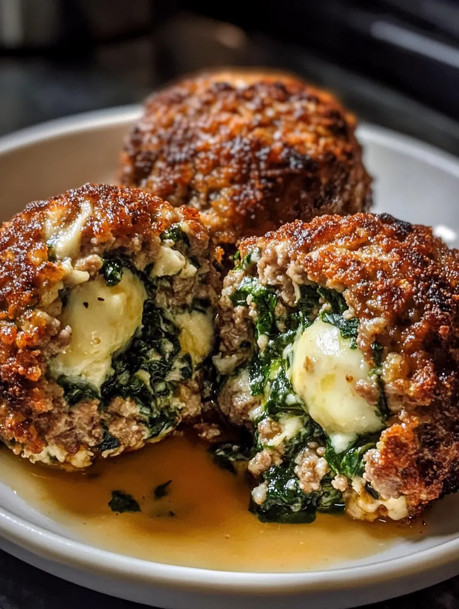 Un plato de albóndigas con espinacas y ajo.