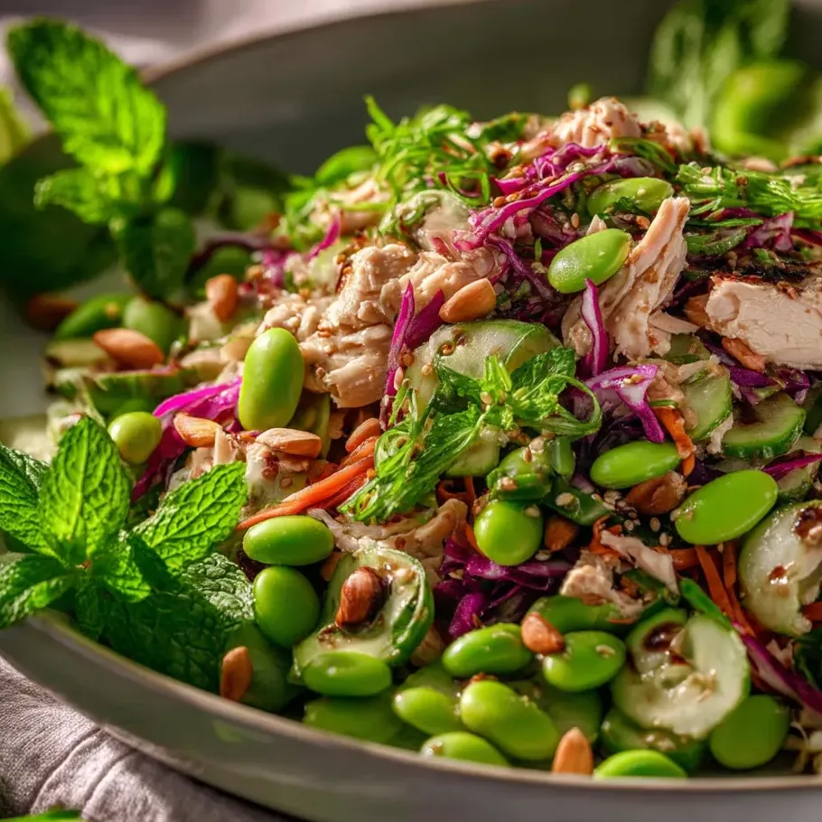 Una ensalada de pollo y edamame rica en proteínas.