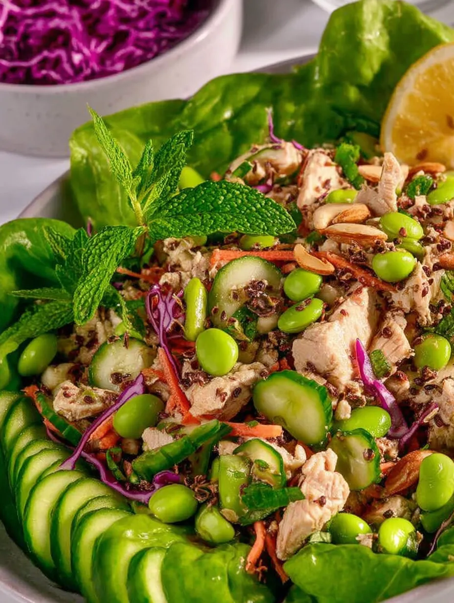 Una ensalada de pollo y edamame rica en proteínas.