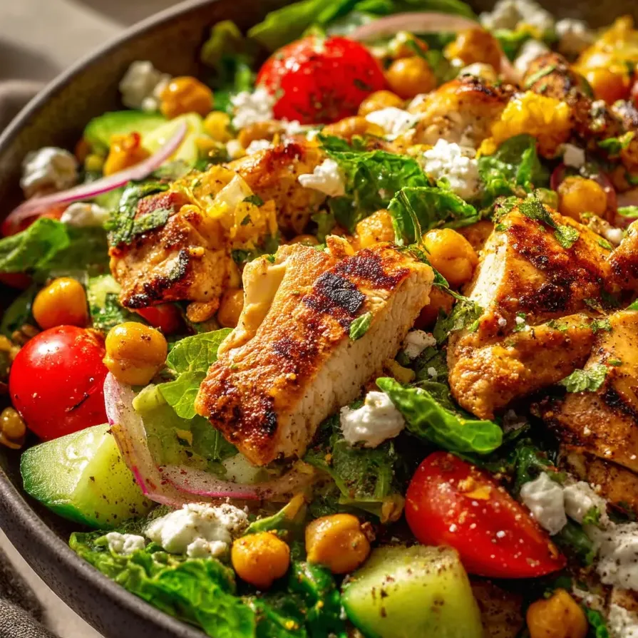 Un primer plano de ensalada con pollo y garbanzos.