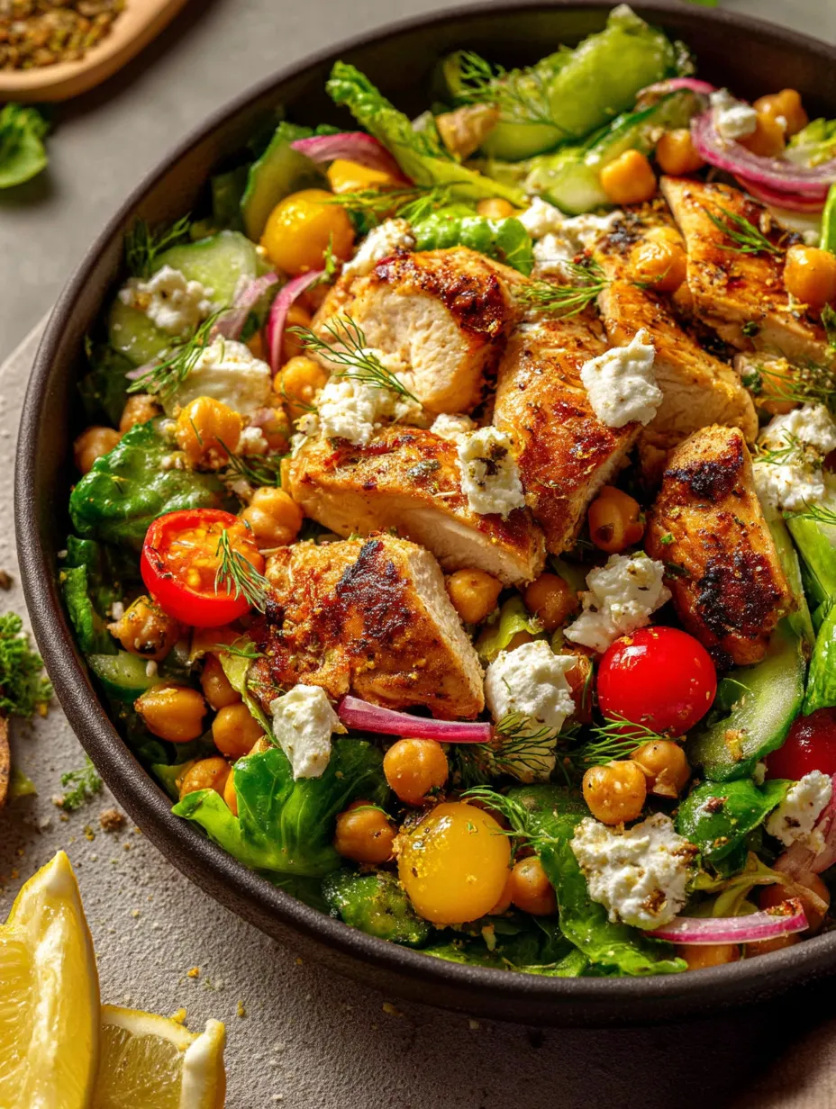 Un bol de ensalada de pollo y garbanzos.